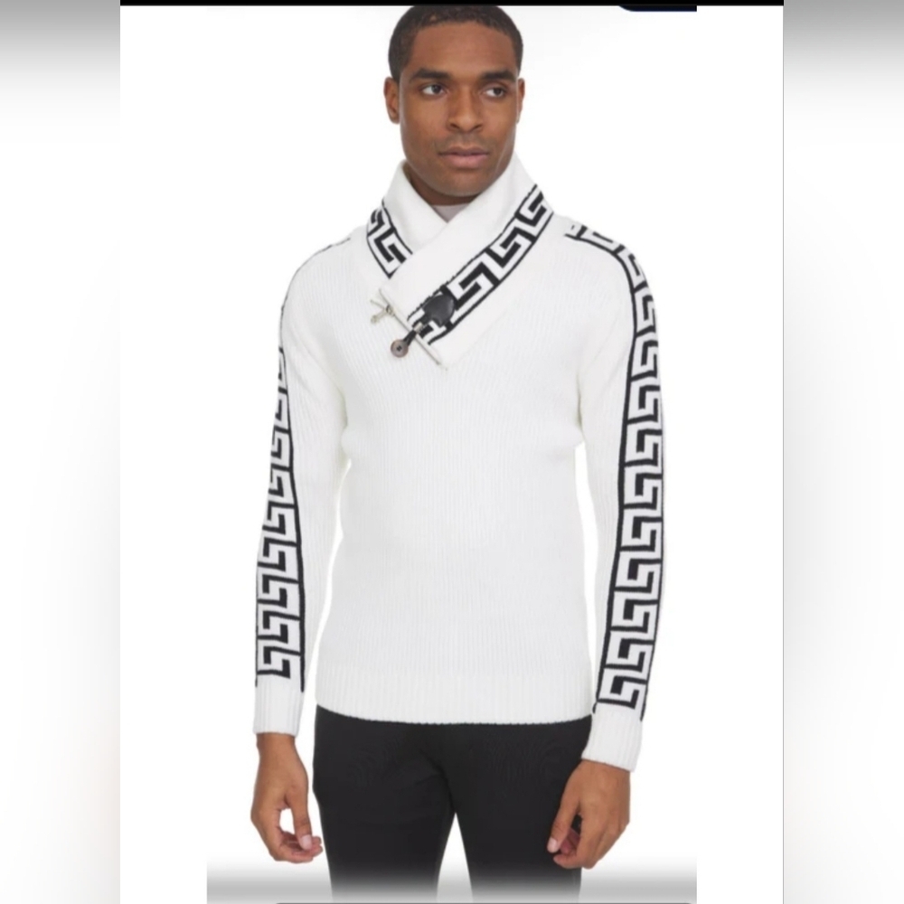 Barabas Men’s White Shawl Collar Sweater Greek Key Zip Pullover 4XL